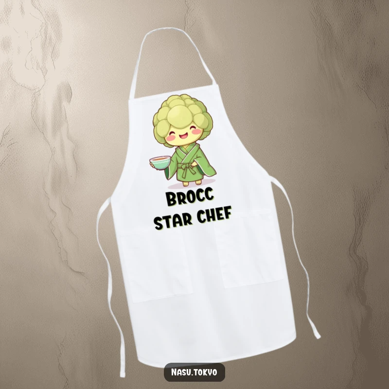 Funny broccoli wearing a green kimono presenting a teacup, a humorous and practical apron for the kitchen.