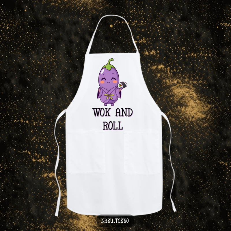 Funny eggplant in a purple kimono holding sushi, a humorous and practical apron for culinary adventures.