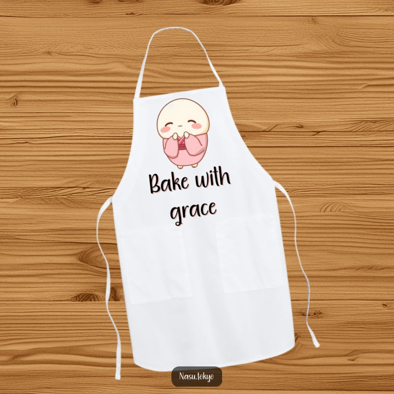 Funny round mochi wearing a pink kimono bowing gracefully, a humorous and practical apron for the kitchen.