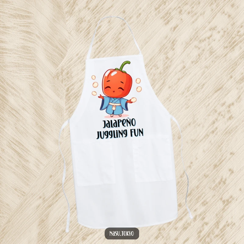 Funny red pepper wearing a blue kimono, juggling rice balls, protecting your clothes while you cook - a humorous kitchen essential.