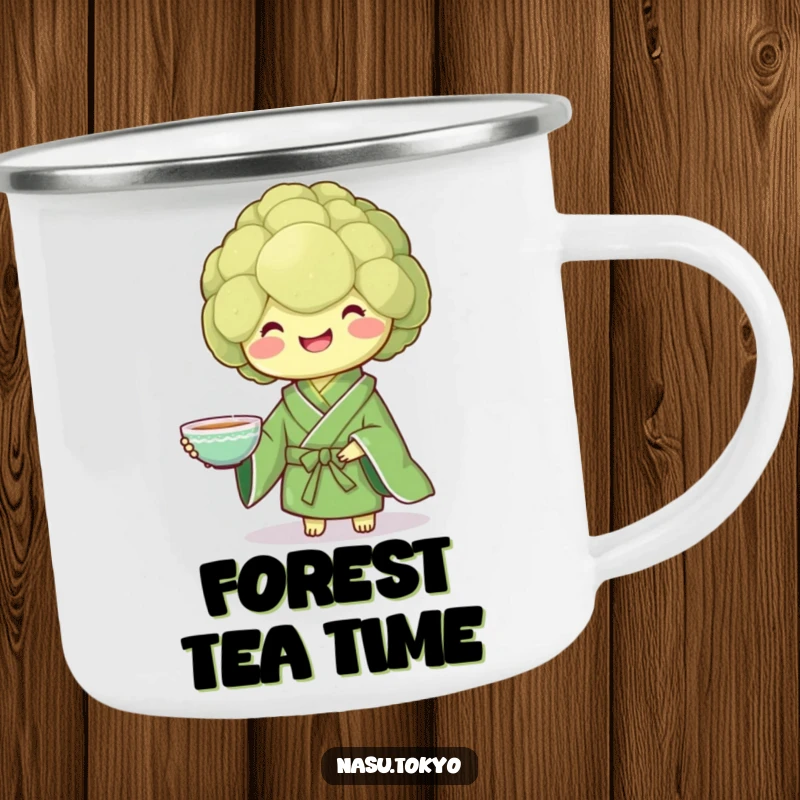 Funny broccoli in a green kimono holding a teacup, a durable and funny enamel camping mug.