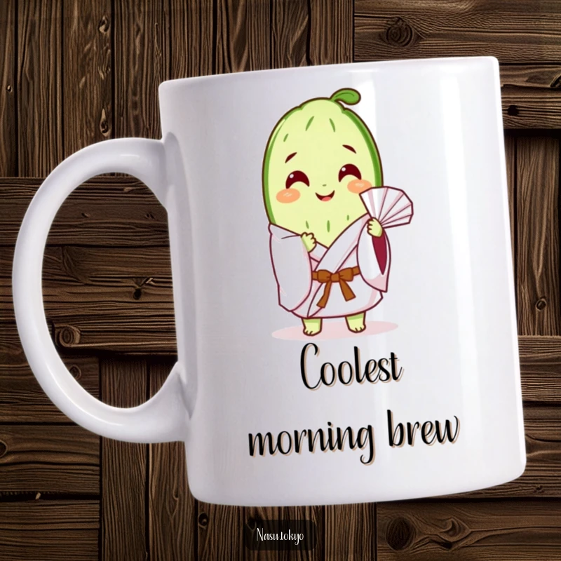 Funny happy cucumber slice in a white kimono gently fanning itself, depicted on a relaxing ceramic mug.