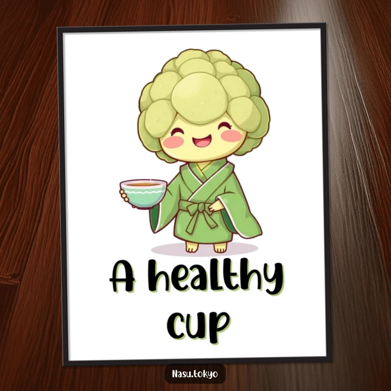 Funny smiling broccoli in a green kimono presenting a delicate teacup, a downloadable digital art print.
