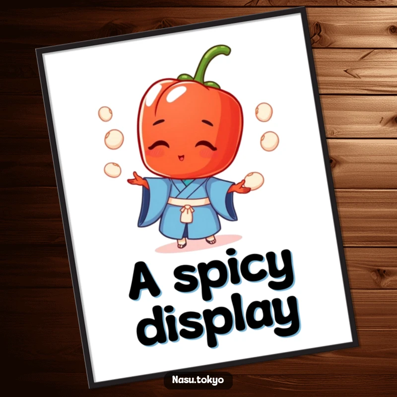 Funny digital illustration of a red pepper in a blue kimono juggling small rice balls, vibrant and humorous wall art.