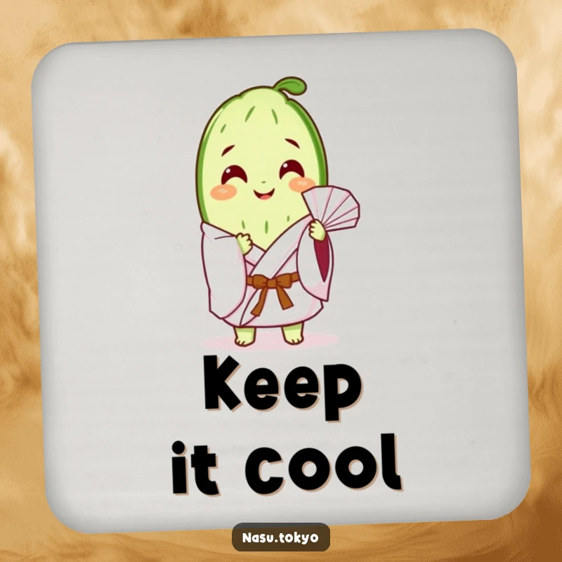 Funny cucumber slice in a white kimono gently fanning itself, serving as a practical and humorous drink coaster.