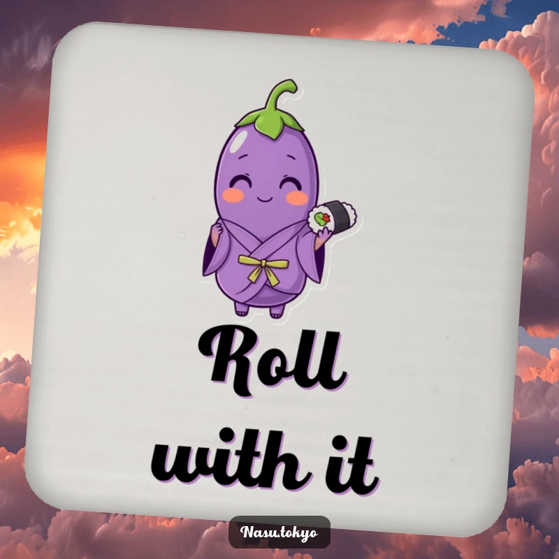 Funny eggplant wearing a purple kimono holding sushi, a humorous and stylish drink coaster for any surface.