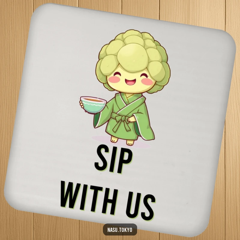 Funny broccoli wearing a green kimono presenting a teacup, a humorous and protective drink coaster.