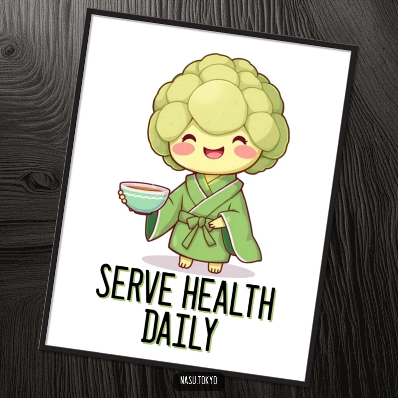 Funny smiling broccoli wearing a green kimono, presenting a delicate teacup, a charming and funny poster.