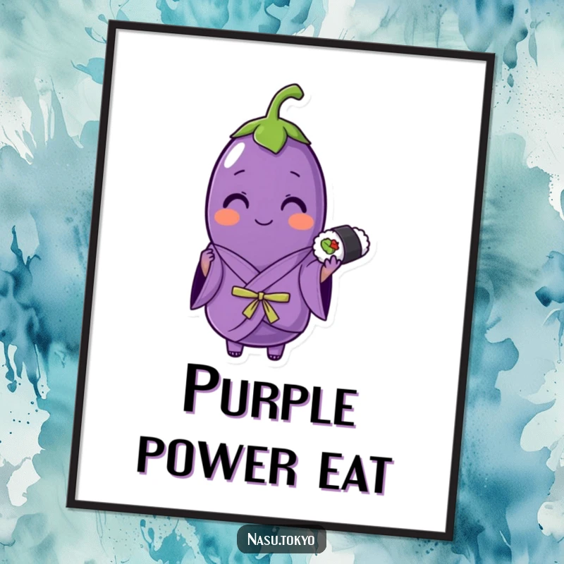 Funny cheerful eggplant in a purple kimono holding a sushi roll, a humorous and artistic poster for wall decor.