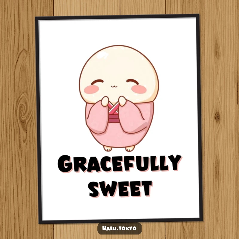 Funny round mochi wearing a pink cherry blossom kimono, bowing gracefully, a charming and funny poster.