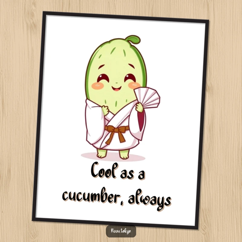 Funny Free Printable Wall Art of a contented cucumber slice in a white kimono, fanning itself leisurely with a peaceful, zen-like smile.