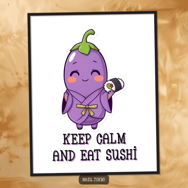 Funny Free Printable Wall Art of a cheerful eggplant in a purple kimono holding a sushi roll, ready to delight.