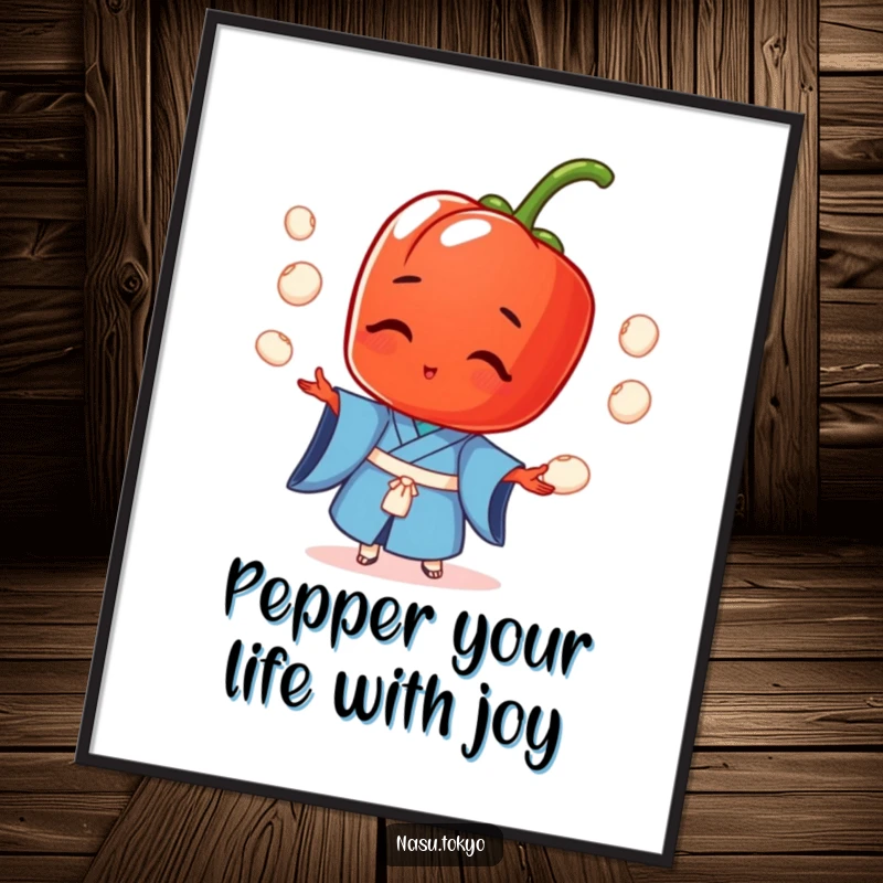 Funny Free Printable Wall Art of a red pepper in a blue kimono expertly juggling a pile of rice balls, bringing culinary chaos.