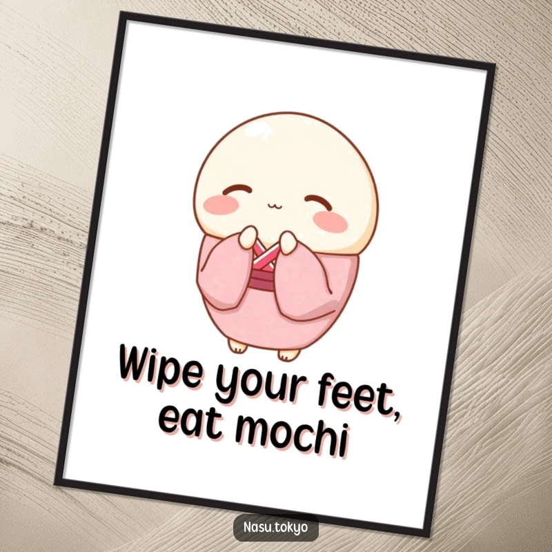 Funny Free Printable Wall Art of a round mochi in a pink cherry blossom kimono bowing gracefully, exuding peace.