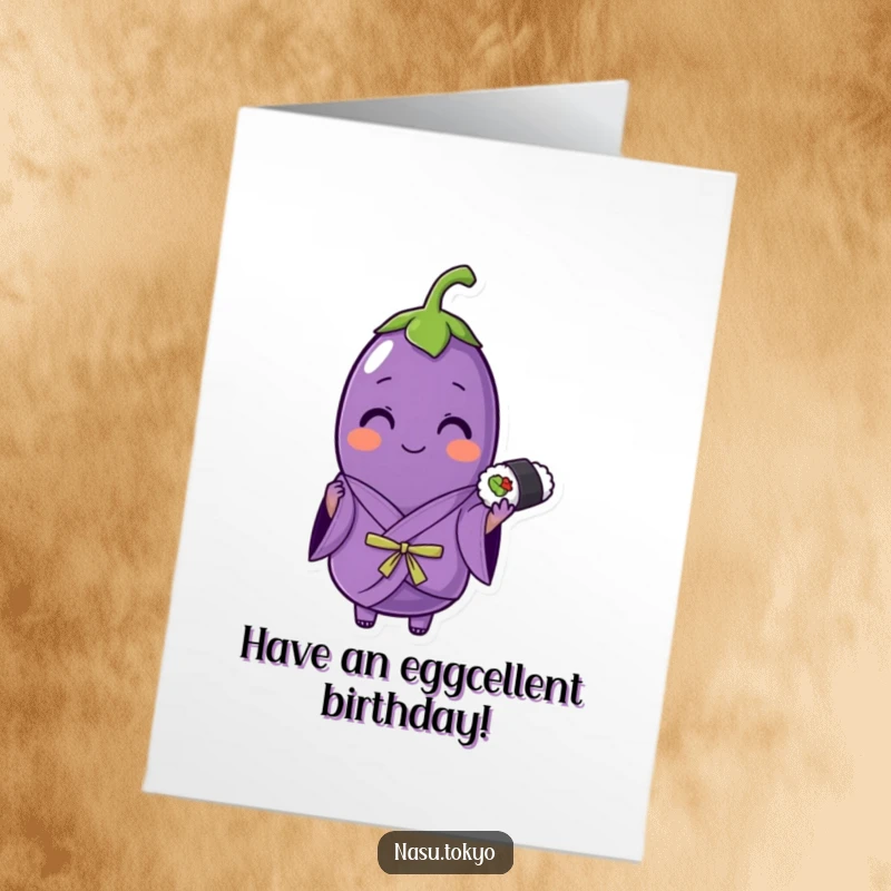 Funny Free Printable Birthday Card featuring a cheerful eggplant in a purple kimono holding a sushi roll, ready to celebrate.