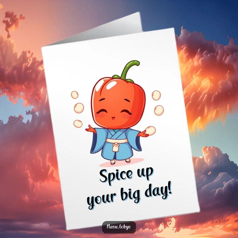 Funny Free Printable Birthday Card featuring a red pepper in a blue kimono, expertly juggling rice balls with a mischievous grin.