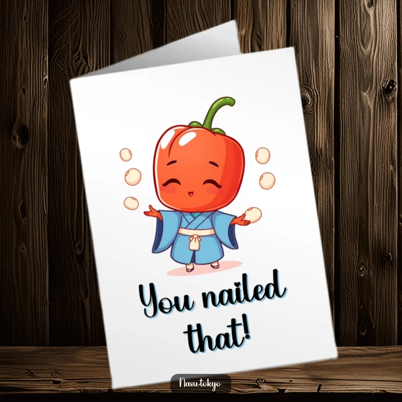 Funny Free Printable Congratulations Card: A vibrant red pepper in a blue kimono impressively juggles rice balls, celebrating success.