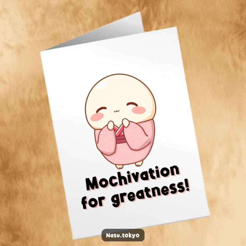 Funny Free Printable Congratulations Card of a round mochi in a pink kimono bowing gracefully in celebration.