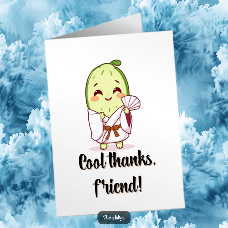 Funny Free Printable Thank You Card: A relaxed cucumber slice in a white kimono fans itself, radiating cool and appreciative vibes.