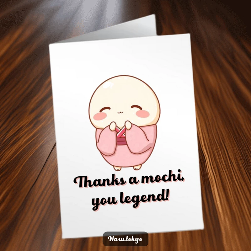 Funny Free Printable Thank You Card featuring a round mochi in a pink kimono bowing gracefully and thankfully.