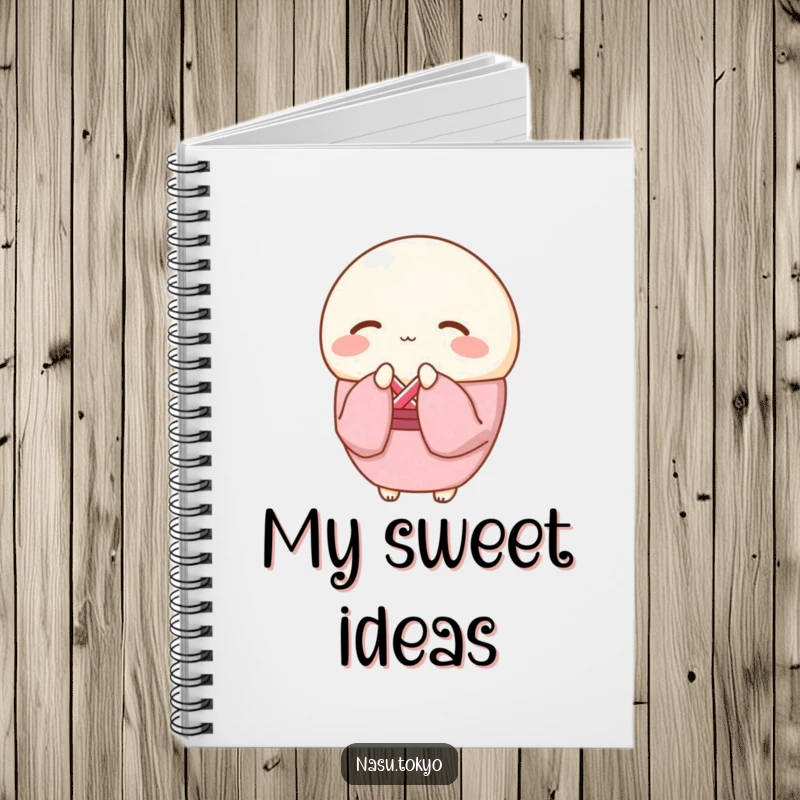 Funny round mochi in a pink kimono bowing gracefully, a stylish and funny notebook for jotting down notes.
