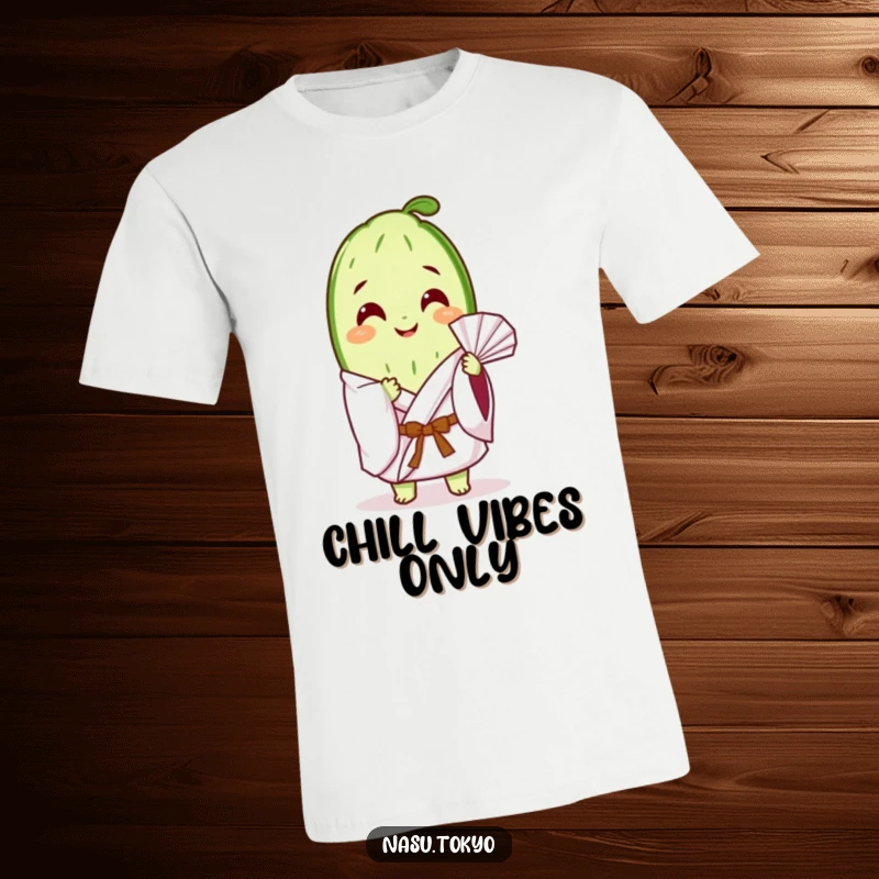 Funny happy cucumber slice wearing a white kimono, fanning itself gracefully, printed on a soft and breathable t-shirt.