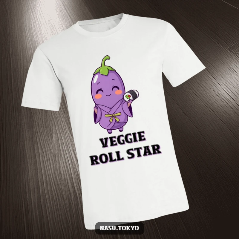 Funny eggplant wearing a purple kimono, holding a sushi roll, a stylish and humorous t-shirt for food lovers.