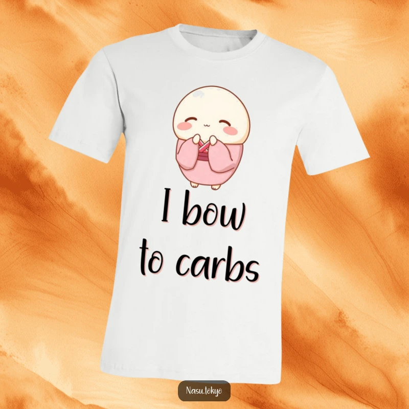 Funny round mochi in a pink cherry blossom kimono bowing gracefully, a soft and funny t-shirt.