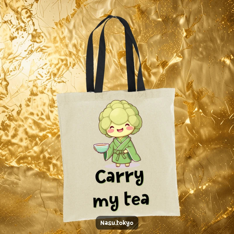 Funny broccoli wearing a green kimono presenting a teacup, a charming and funny tote bag for daily use.