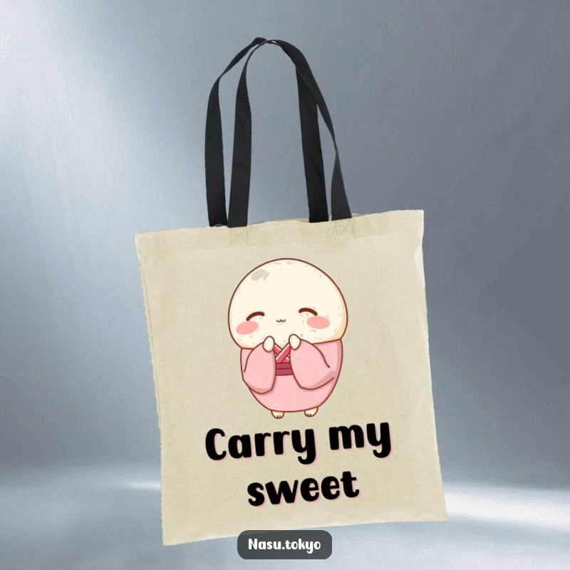 Funny round mochi in a pink kimono bowing gracefully, a charming and funny tote bag for everyday use.